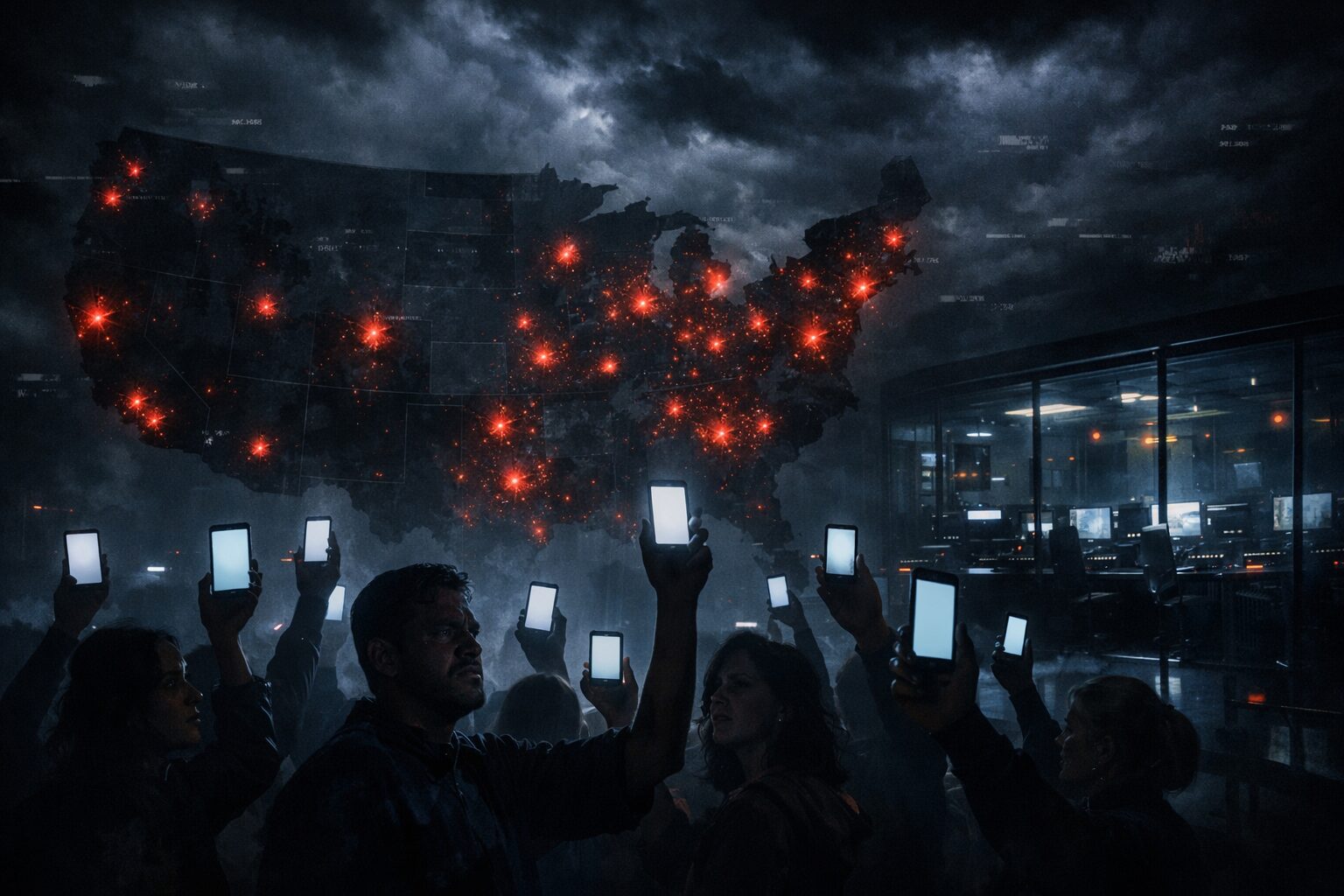 Verizon outage: silhouetted crowd holding blank phones before US map with red warning lights and empty dispatch room.