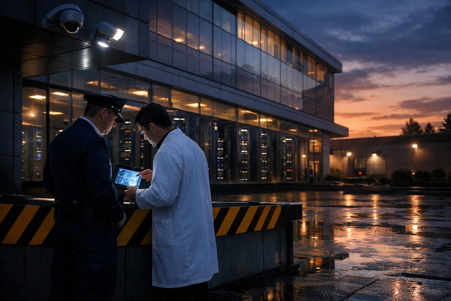 Spain Science Ministry research site at dusk, officer and technician by hazard-striped barrier, server room, security cameras