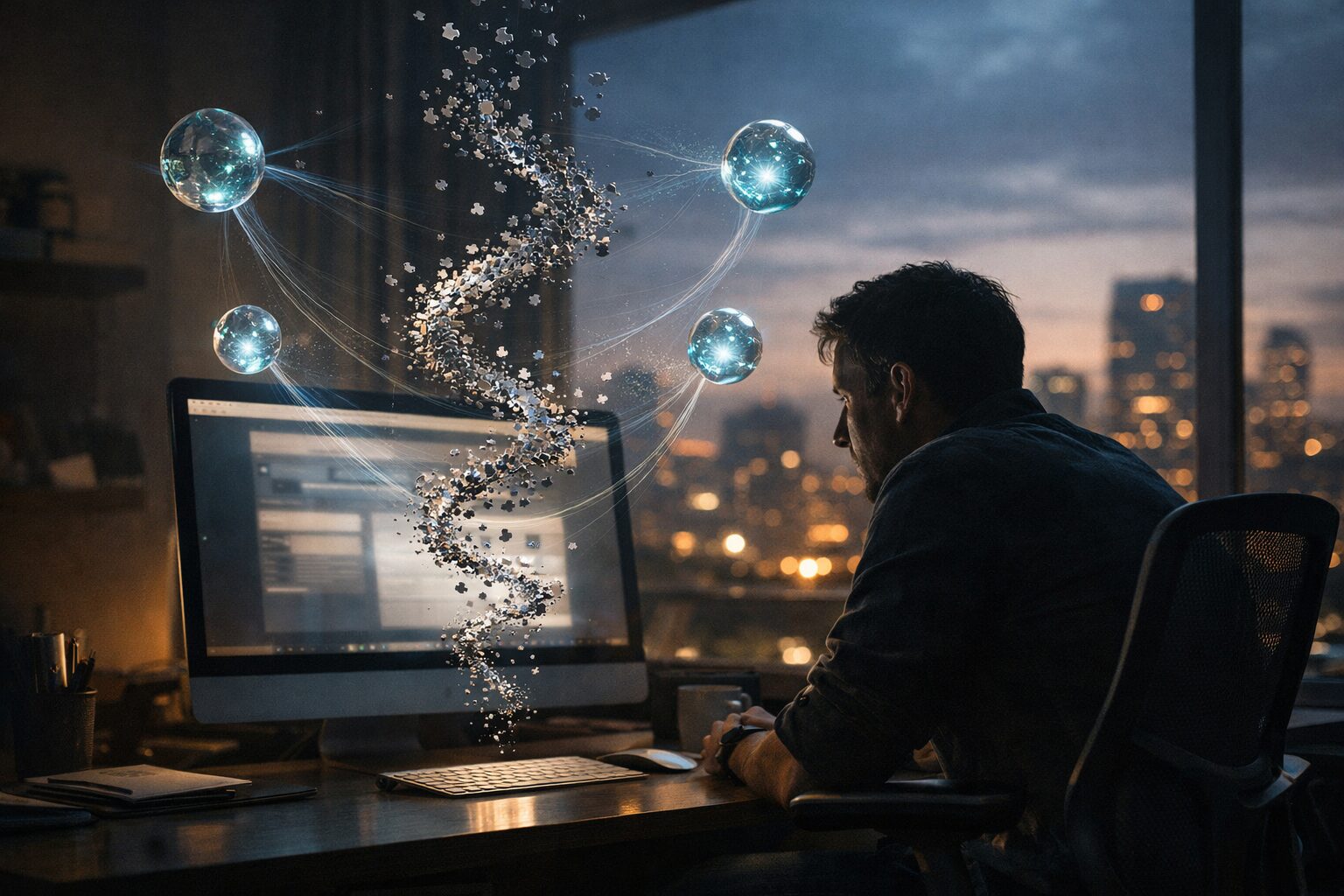 User watches monitor as metallic puzzle shards and glowing spheres spiral in home office at dusk — 287 Chrome Extensions
