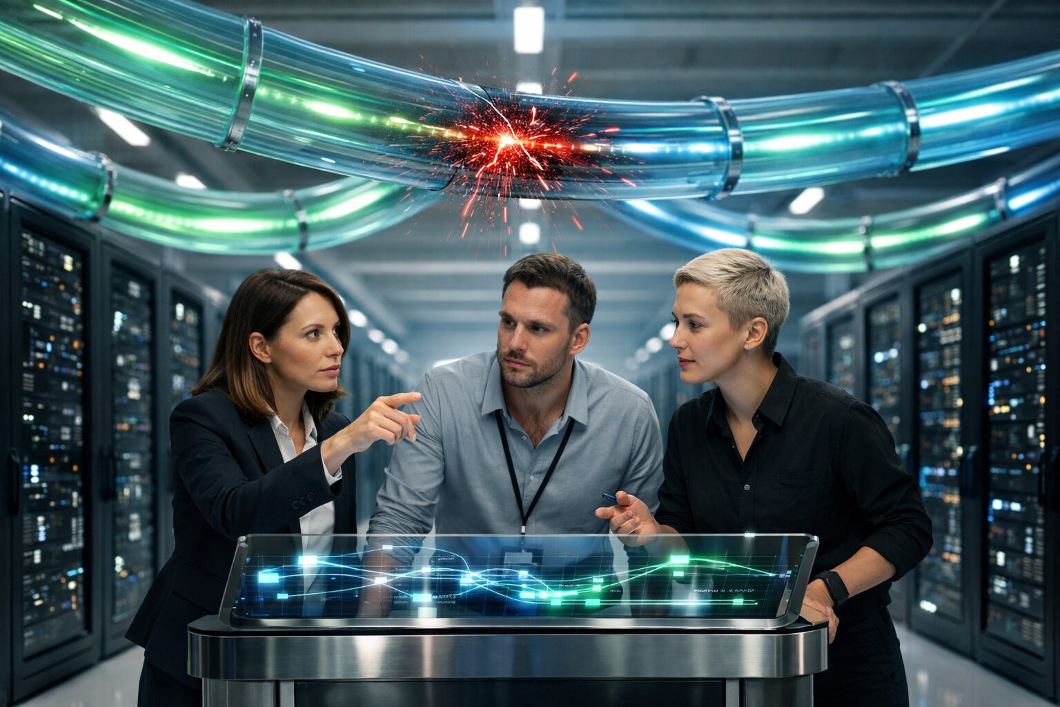 Cybersecurity team at console in data center, glowing glass tubes; cracked tube with red sparks signals Apache NiFi flaw