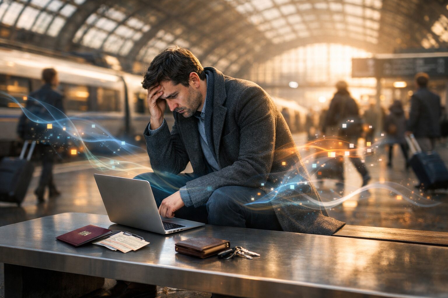 Eurail Says: lone traveler on European train platform with laptop, scattered passport and glowing data ribbons.