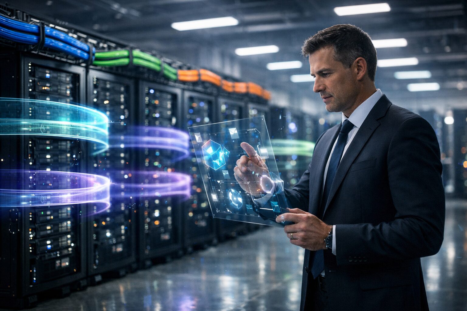 Cybersecurity pro in data center with racks, blue/green/orange cables and holographic UI — LockBit 5.0 strikes Windows.