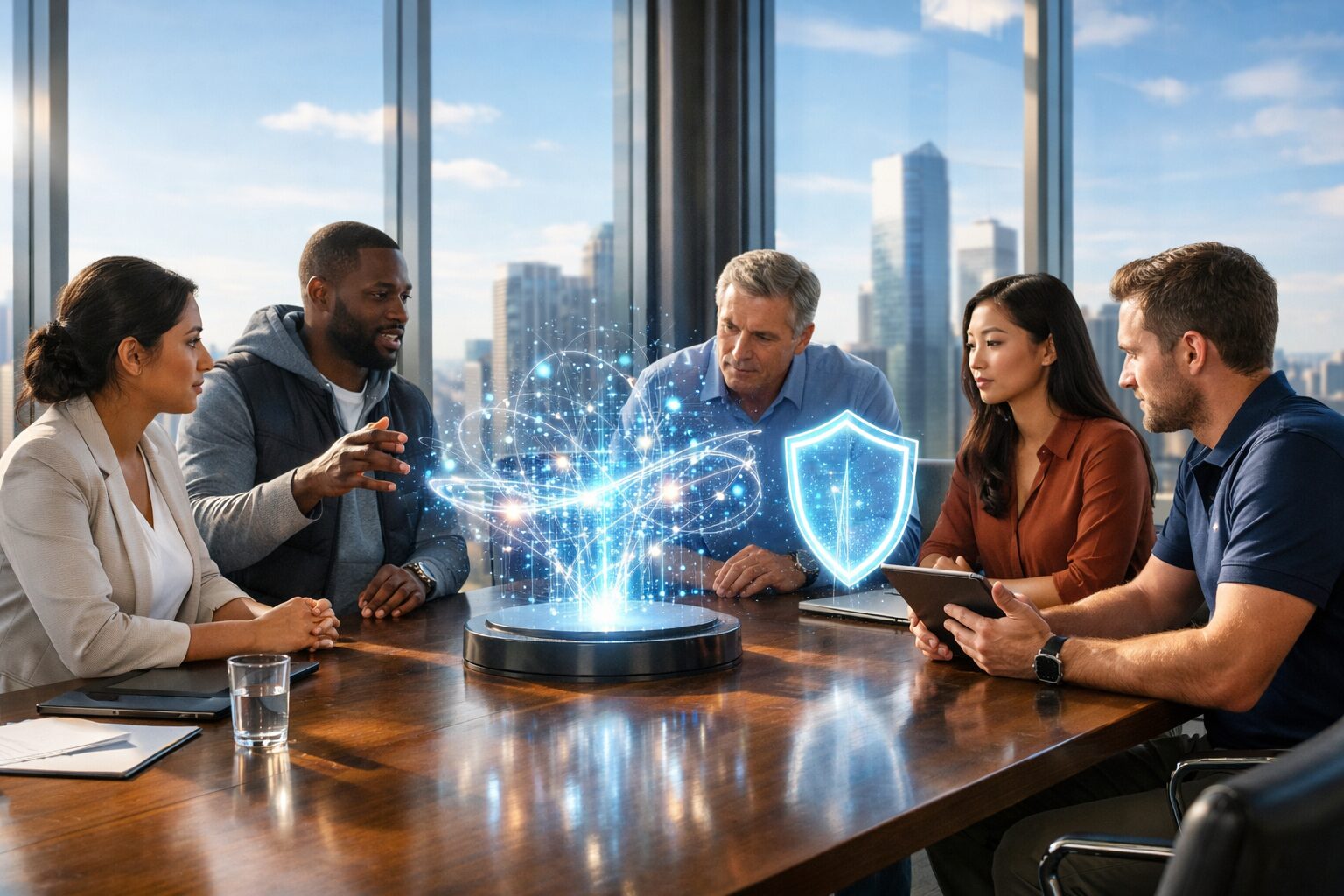 High-rise glass conference room: five pros around holographic data streams and shield; one with tablet—Adidas partner.