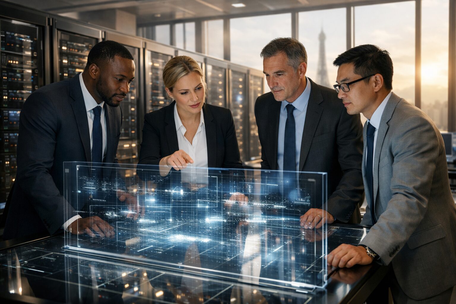 French ministry confirms breach in Paris data center: analysts by server racks, holographic display, Eiffel Tower silhouette
