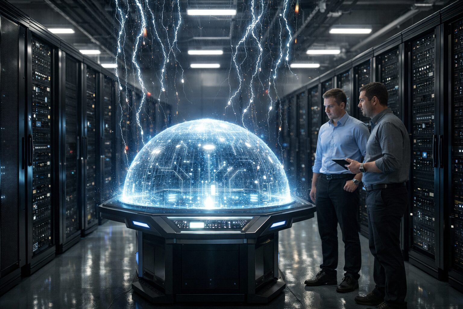 Data center servers with holographic defense dome and two IT specialists, framed in an AWS FortiGate 600 context.