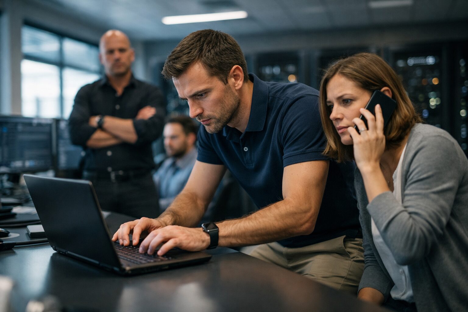 Enterprise IT ops team troubleshooting Ubuntu Snapd bug: focused engineer at laptop, colleague on phone, server racks behind.