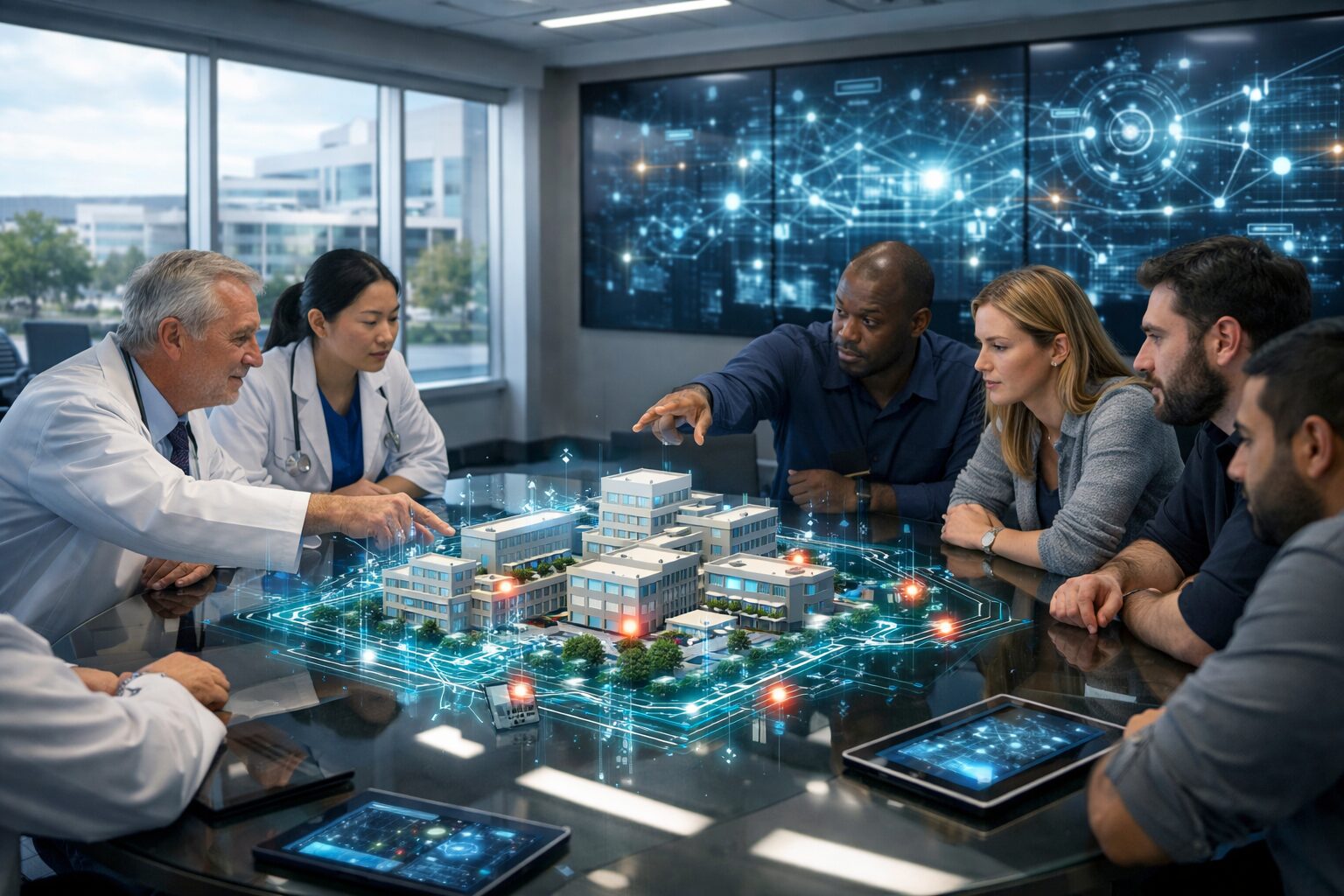 Hospital ops center team around table with holographic network; doctors and IT review Health-ISAC logs surge.