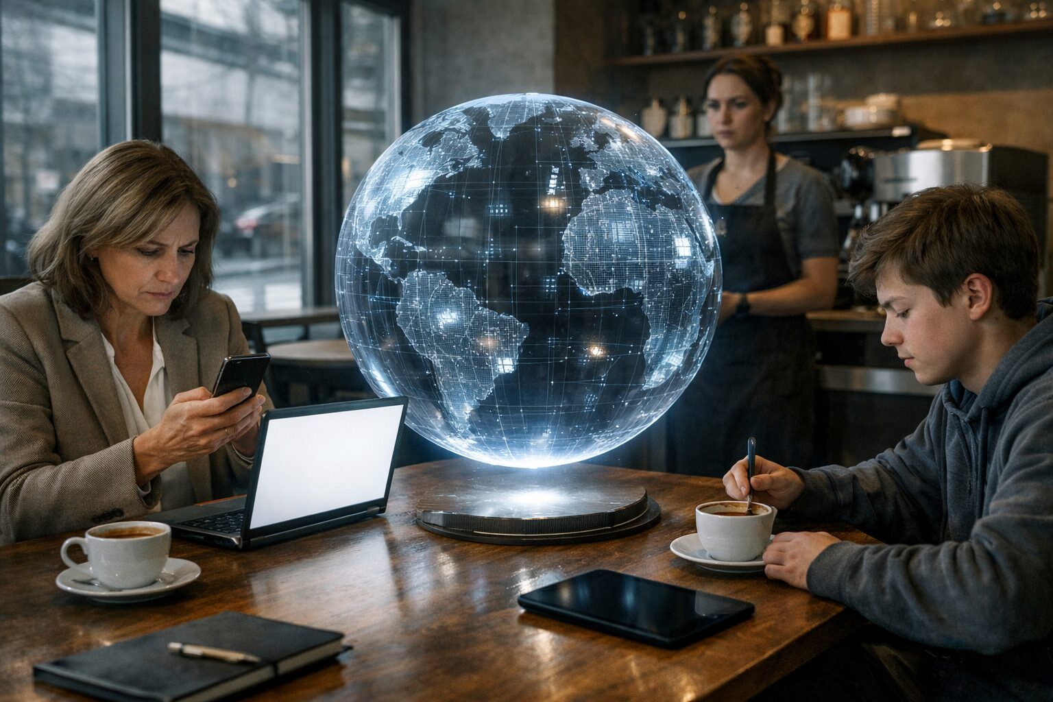 Cafe with holographic globe and anxious patrons amid Facebook outage; blank screens, flickering circuitry.