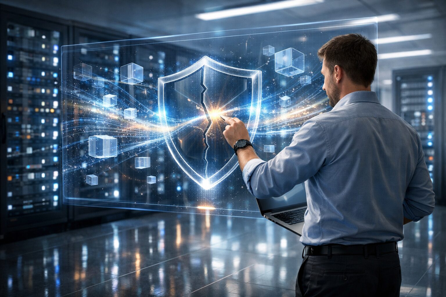 Engineer in modern server room repairs cracked shield via holographic 3D data cubes and light beams — AVideo Flaws restored