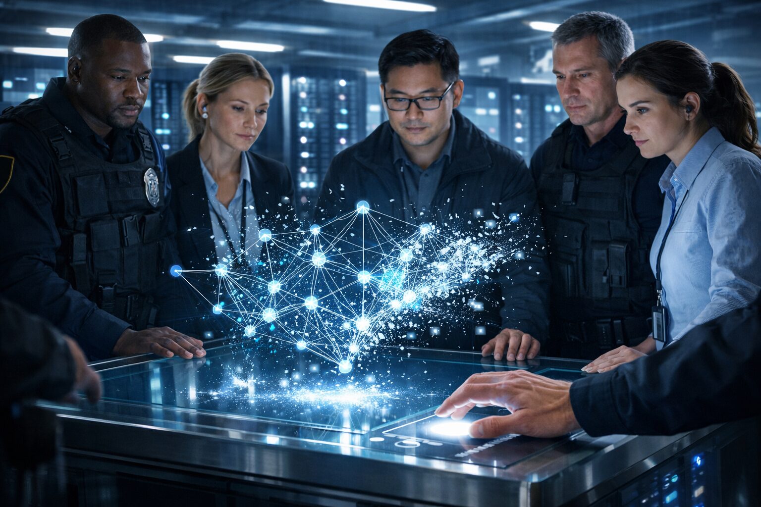 Europol dismantles Tycoon 2FA: law enforcement and cyber team in data center fracture holographic network on touchscreen