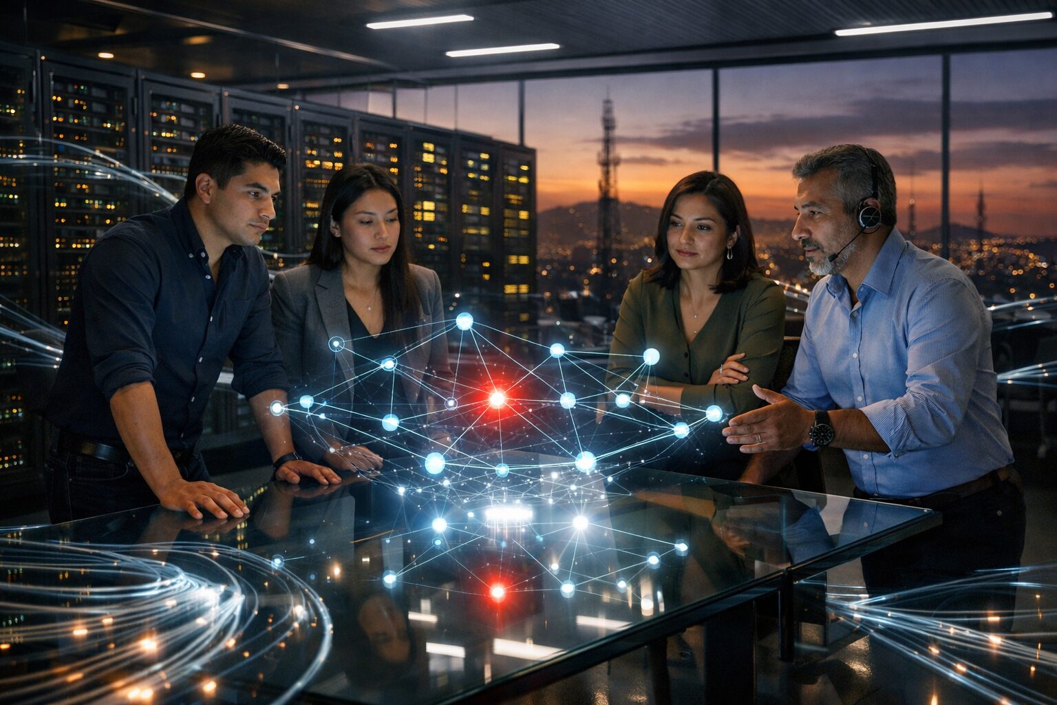 China-linked hackers hit telcos: security team in telecom ops center views holographic network with pulsing red node