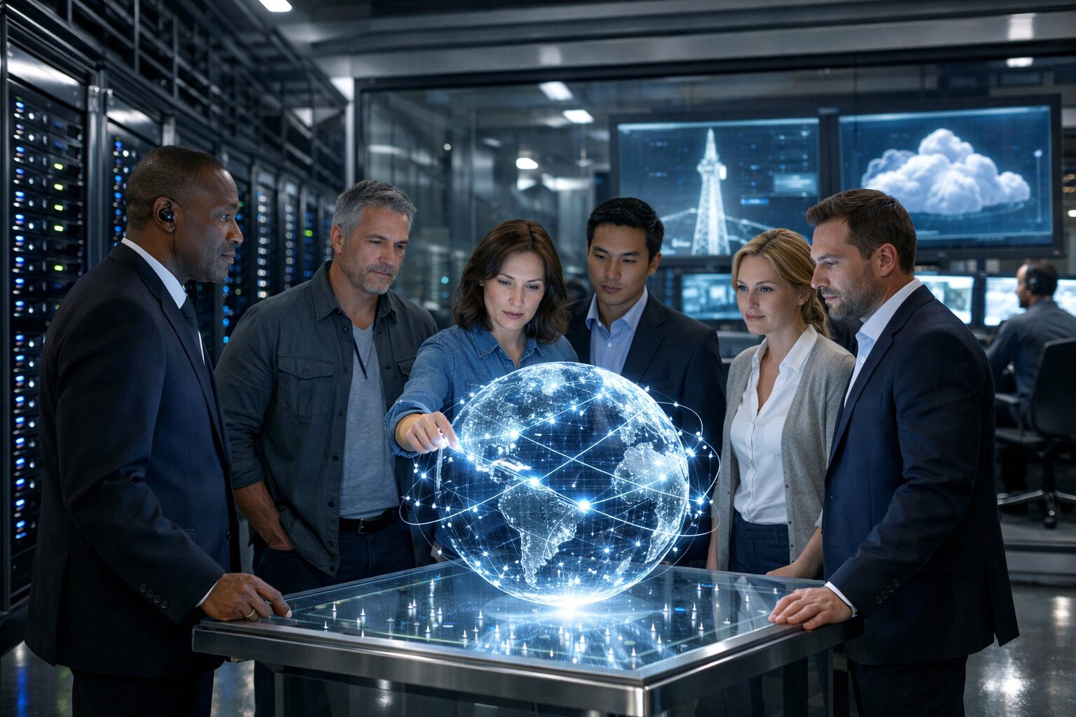Data center team around holographic globe and server racks in control room, Ericsson US hack response team collaborating.