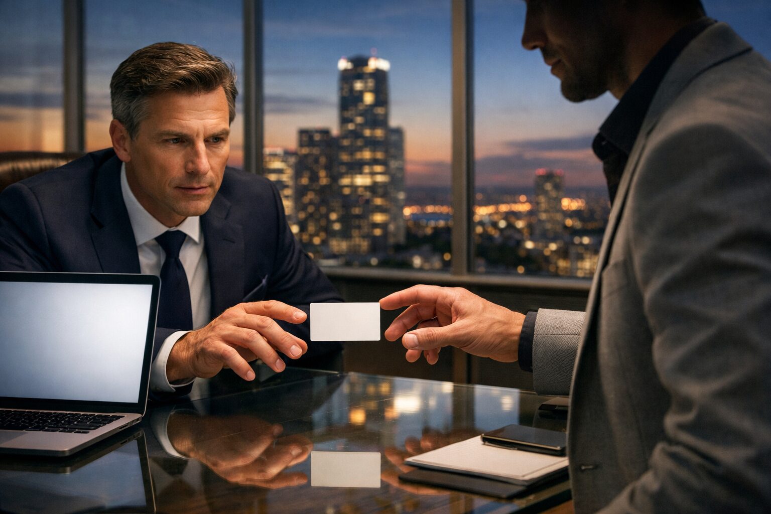 Two executives in a glass office at twilight, hands over an unbranded card and laptop — Lazarus uses fake LinkedIn