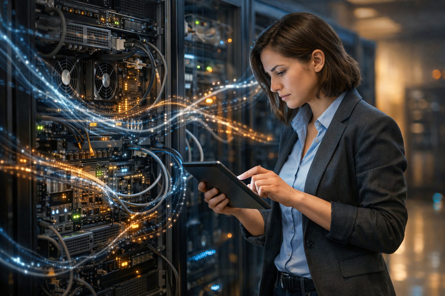 Technician in Ukrainian govt server room inspects glass server rack with glowing code trails, DRILLAPP backdoor implied