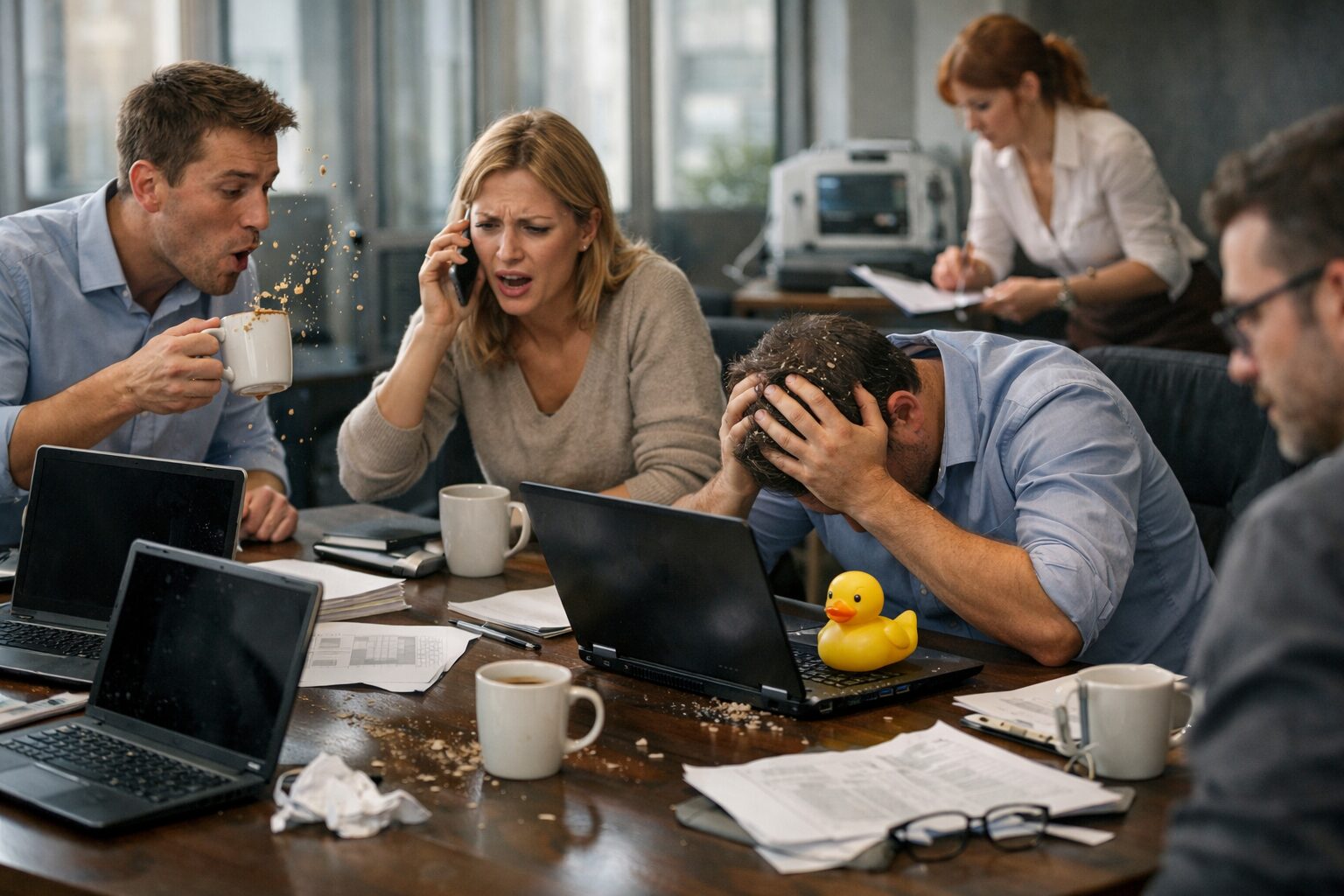 Office workers amid a Stryker Microsoft breach alert: glitchy laptops, spilled coffee, phone calls, rubber duck on keyboard.