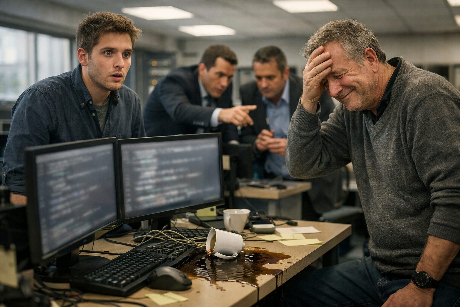 Panicked technician and facepalming engineer, spilled coffee, blurred code on monitors — Spring AI Flaw.