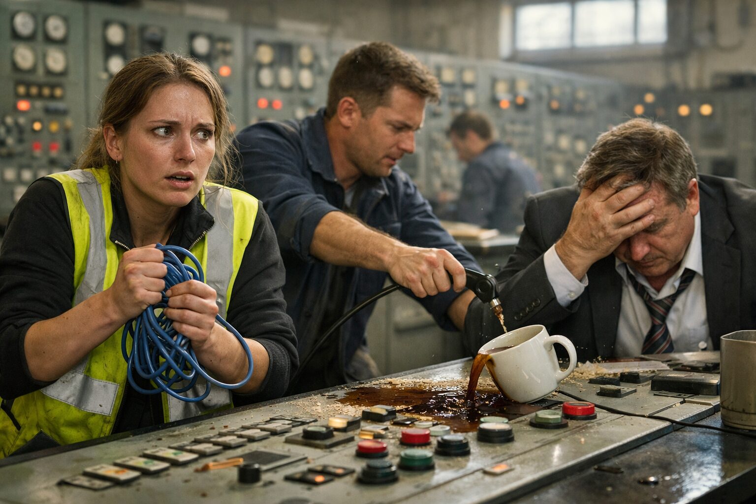 Claroty: engineer clutching Ethernet, tech yanking power cord, manager facepalming as coffee spills in SCADA room.
