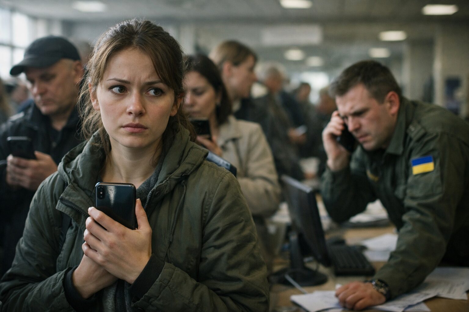 Ukrainian waiting hall: people clutch iPhones, alarmed clerk; foreground woman holding phone — DarkSword iOS