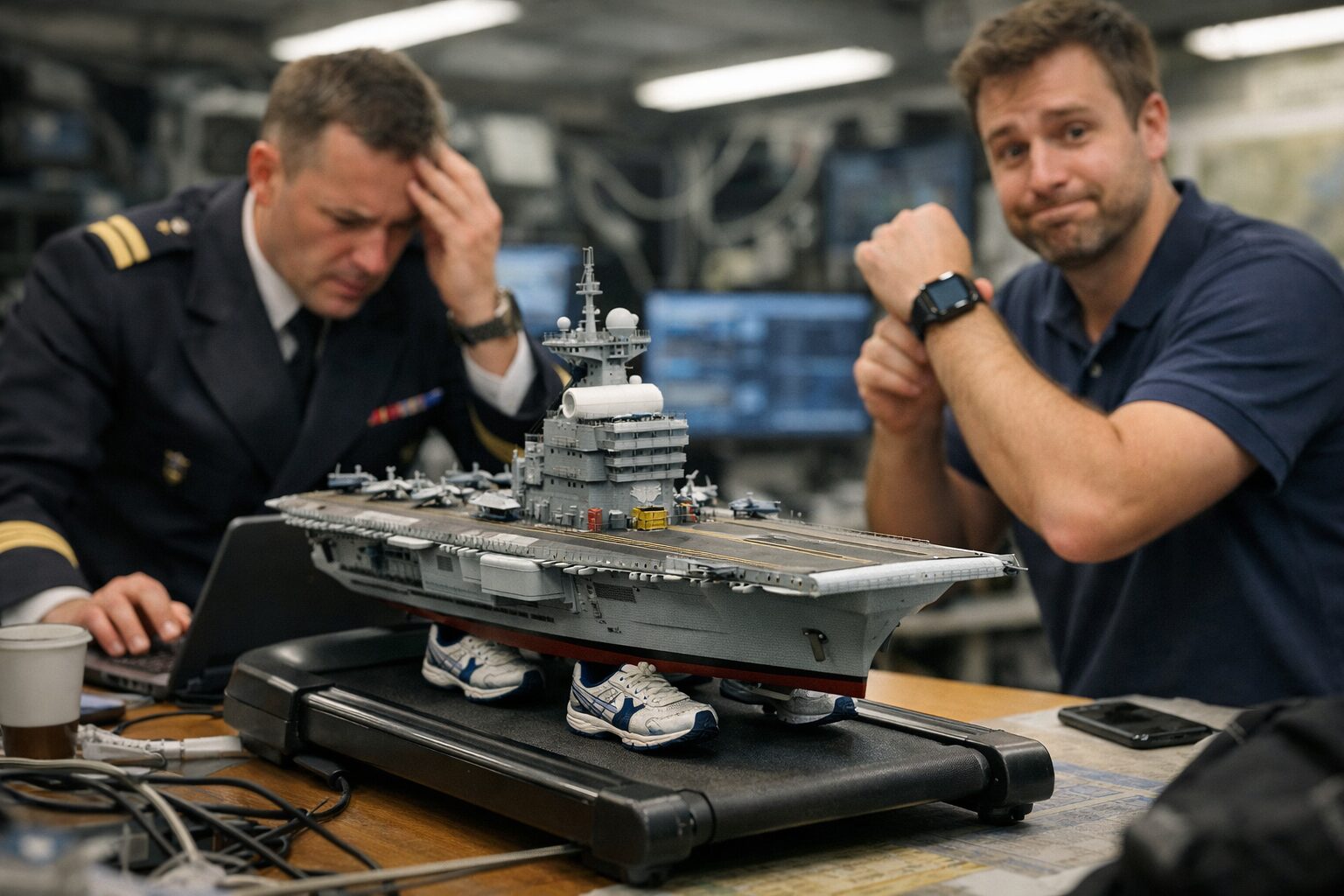 French naval officer and IT tech stare at laptop as a scale Charles de Gaulle carrier on treadmill — Strava tracking gag.