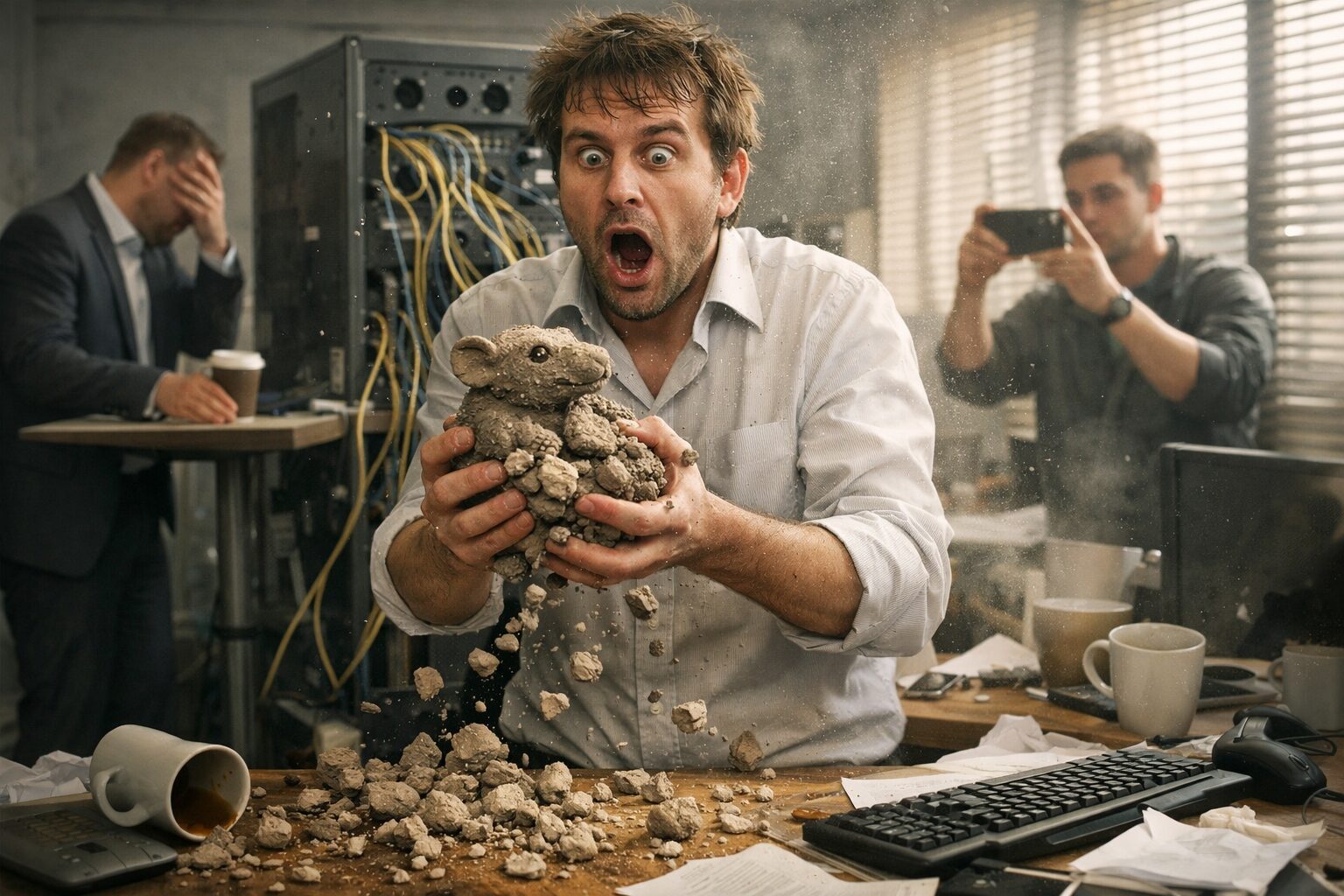 Clayrat malware collapses: developer holds crumbling clay rat, server cables spill, manager facepalm, tech films.