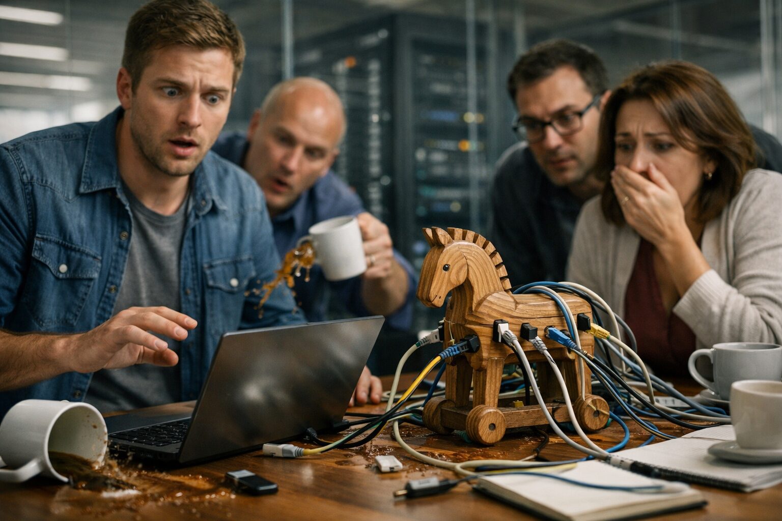 Shocked IT admin and colleagues around a table with a wired wooden Trojan horse, spilled coffee; Aqua Trivy Scanner.