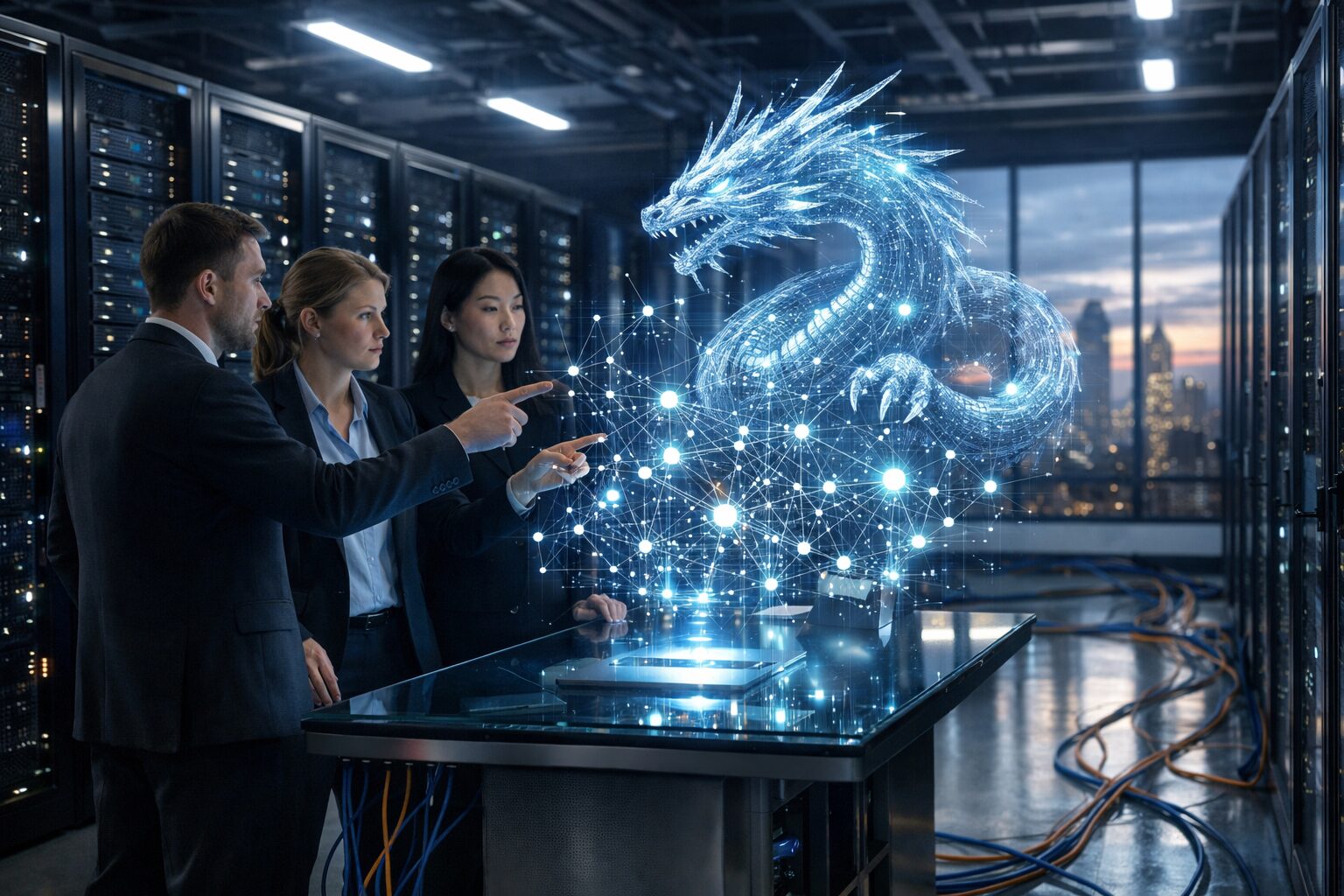 Government data center: three analysts study a holographic network as an APT41-linked silver dragon targets vulnerable nodes.
