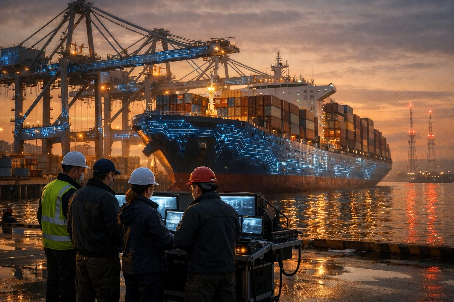 Cydome Maritime OT Attacks: crew and cyber techs monitor digital overlay on container ship and gantry cranes at dusk