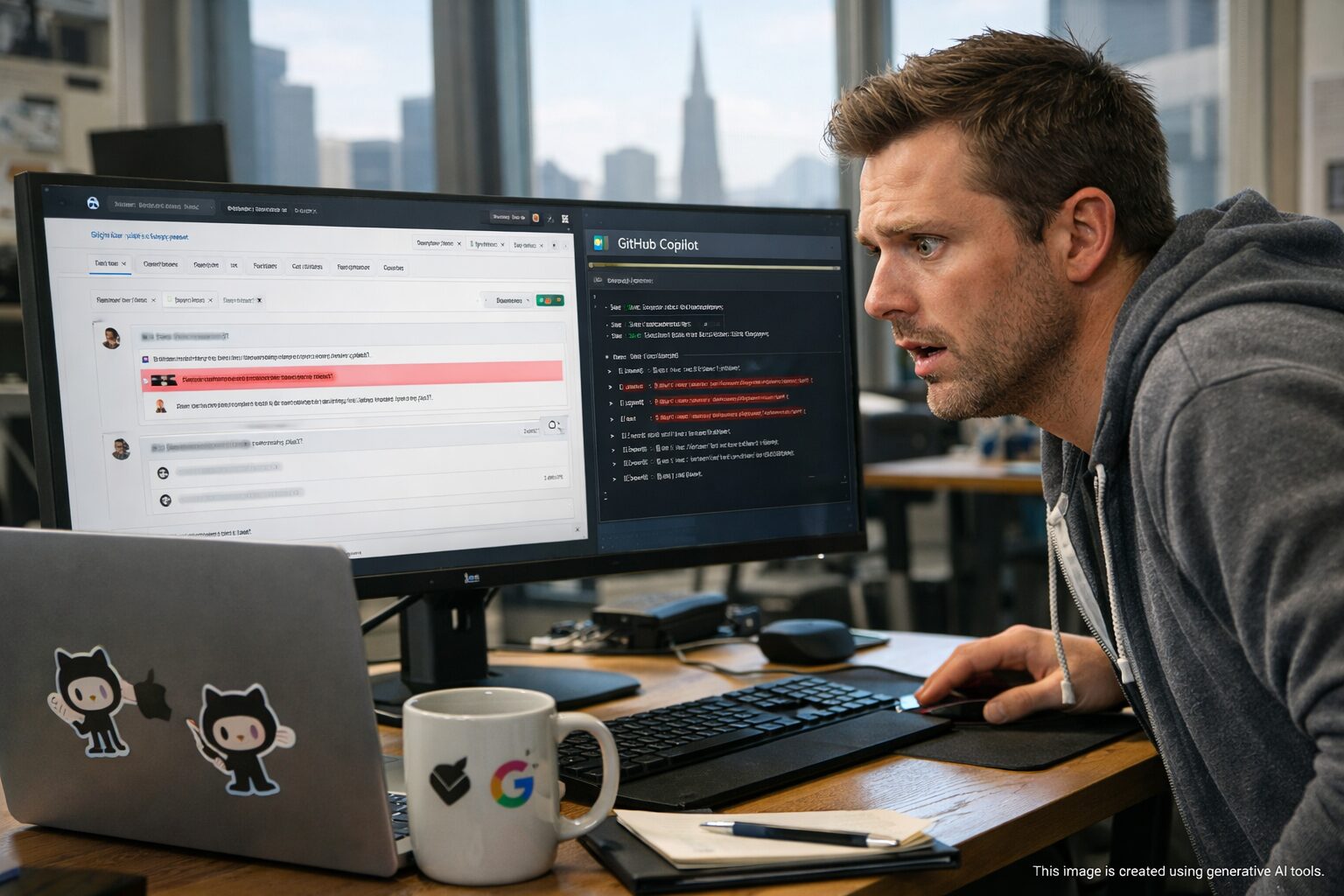 Engineer at desk viewing GitHub PR with malicious red Comments and Copilot running script exposing keys; Claude logo on mug