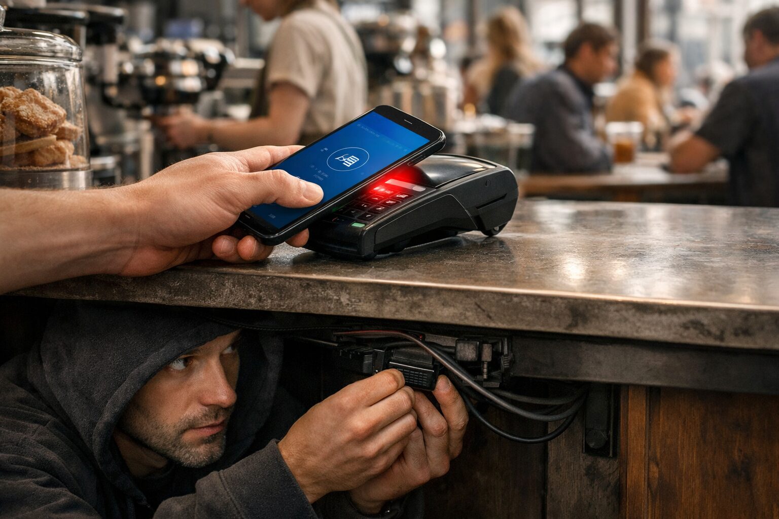 NGate Hides: cafe counter, Android phone using HandyPay on NFC reader with red data streams as hooded person fits a skimmer.