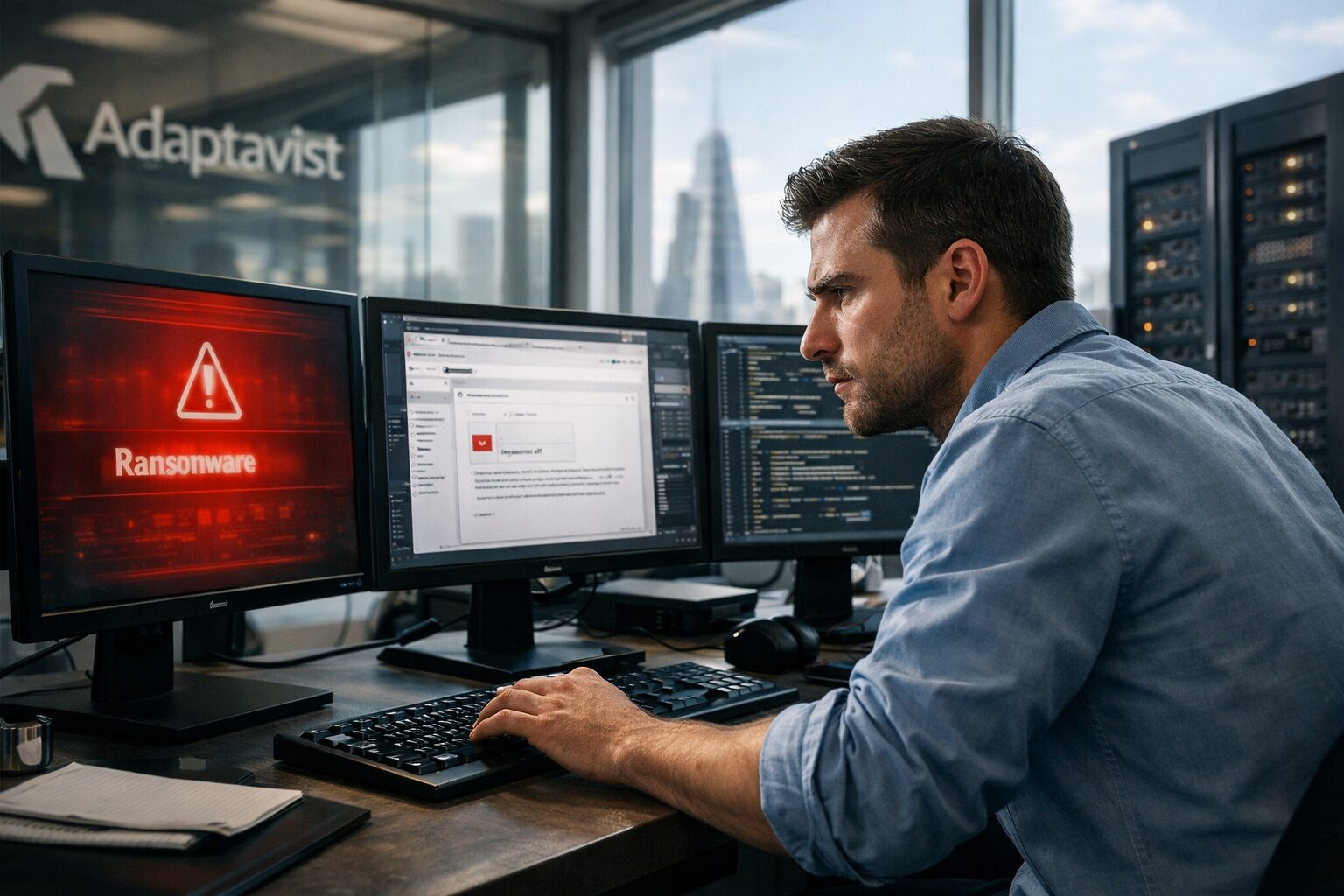 Adaptavist breach: IT analyst at ops center reacts to ransomware alert and spoofed 'Invoice.pdf' email; logo, skyline