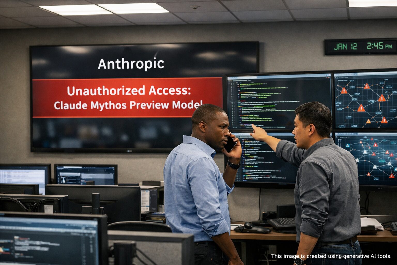 Anthropic Mythos Breached — 2 SOC analysts point to screens showing 'Unauthorized Access' alert in vendor security center