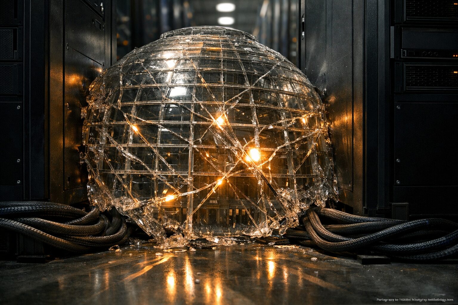 Cracked glass Reichstag dome wedged between black server racks, coiled cables and amber light — Die Linke faces hackers.