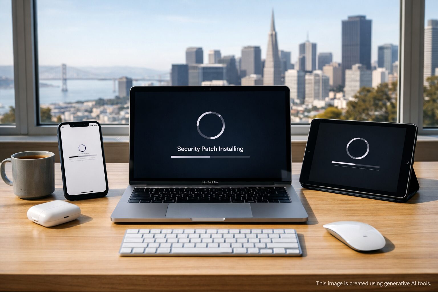 Home office with MacBook Pro, iPhone, iPad showing Security Patch Installing progress; Apple patches underway.