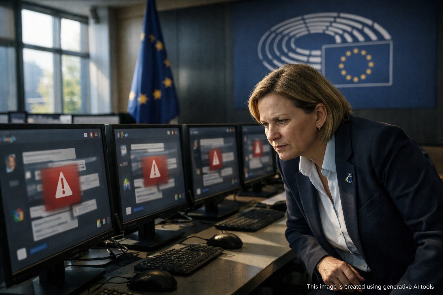 EU Revives Law: MEP studies Brussels control-room monitors showing chats flagged 'CSAM', Google/Meta/Microsoft logos, EU flag