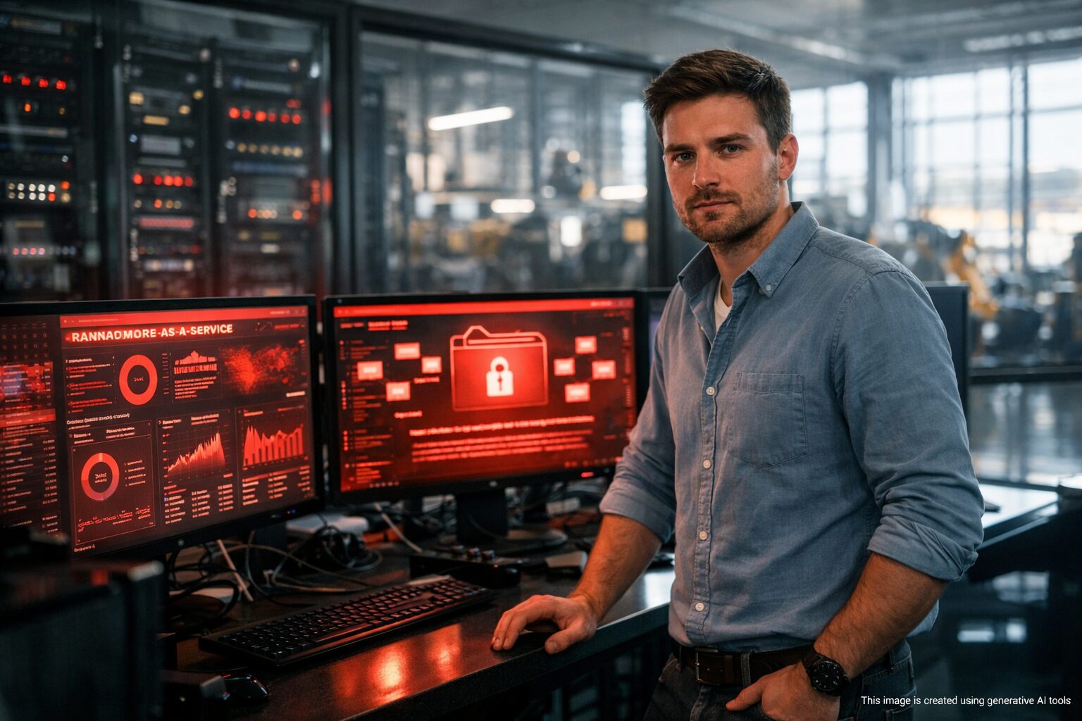 IT analyst in manufacturing SOC before red monitors showing 'CYFIRMA RaaS' report and 'QILIN Group' ransomware warning.