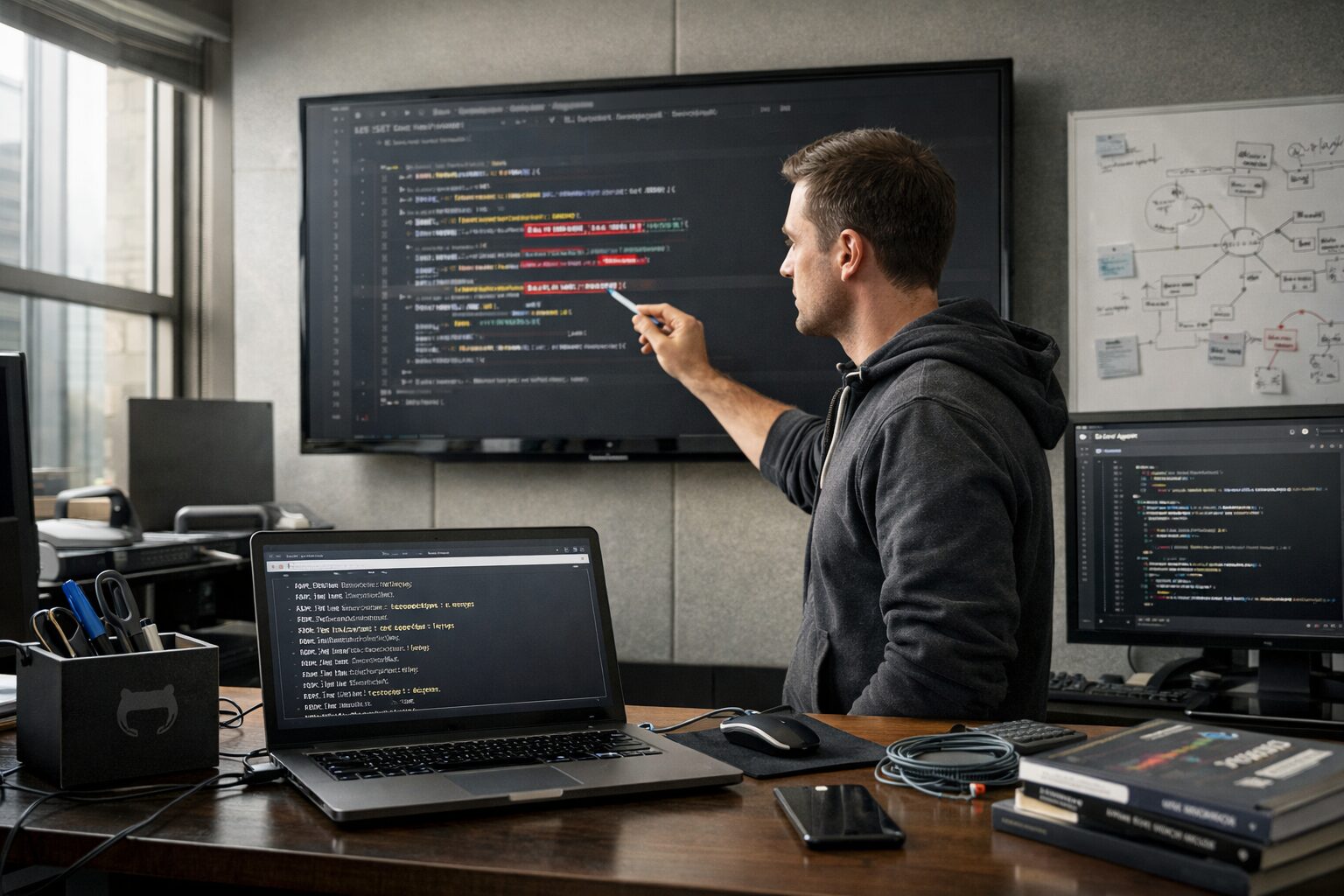 ASSET lab researcher points to monitor showing Ghostcommit Hides Prompts; laptop displays leaked .env, GitHub logo visible.