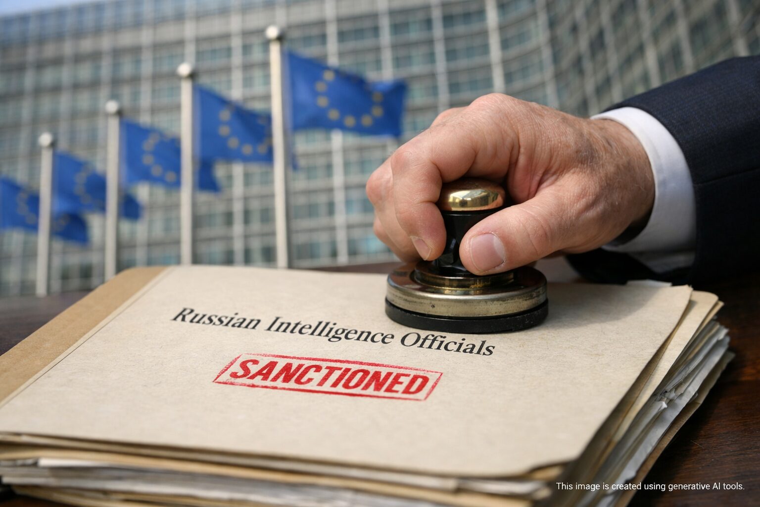 EU hand stamping 'SANCTIONED' on dossier titled 'Russian Intelligence Officials', Ue Sanziona Spie Russe, Commission flags