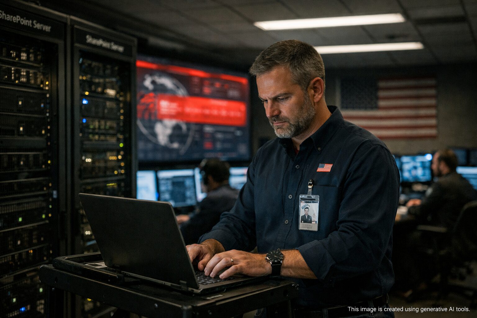 CISA adds SharePoint RCE alert, tech in dim ops center with laptop, SharePoint servers, monitor showing CVE-2026-45659