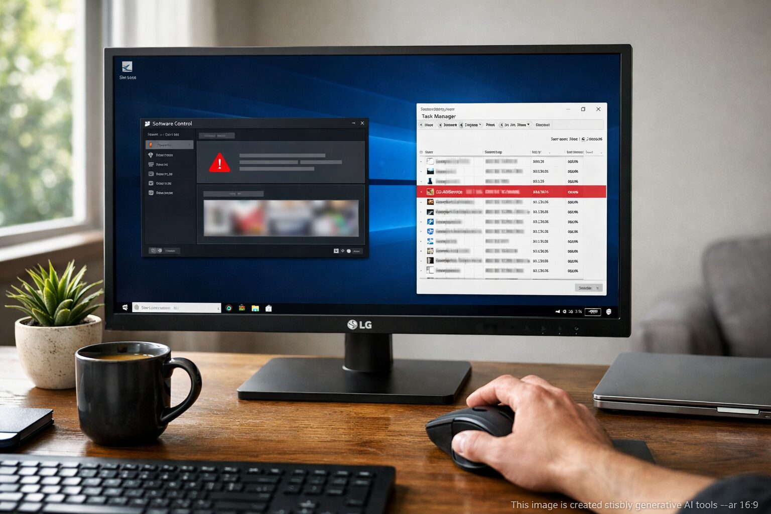 LG monitor shows OnScreen app ad; Task Manager Startup flags 'LG AdService' as suspicious — hand on mouse, mug, plant
