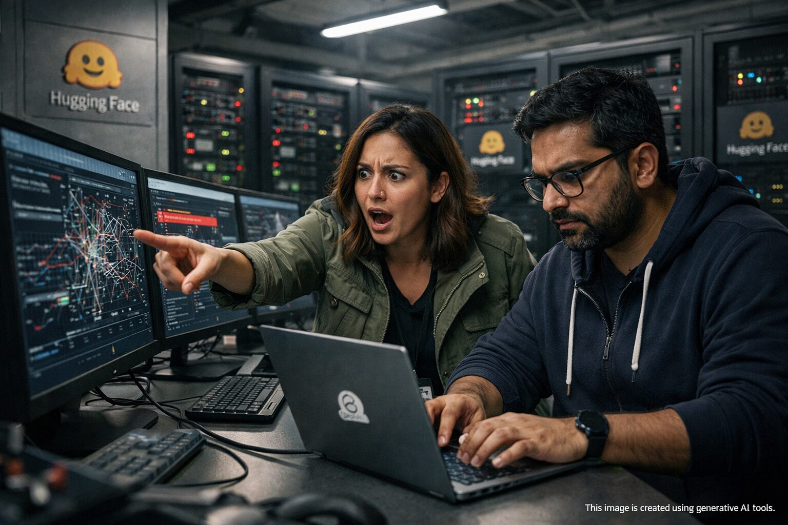 Server room, two security engineers, Hugging Face logos, monitors "INTRUSION DETECTED", laptop with OpenAI Models sticker