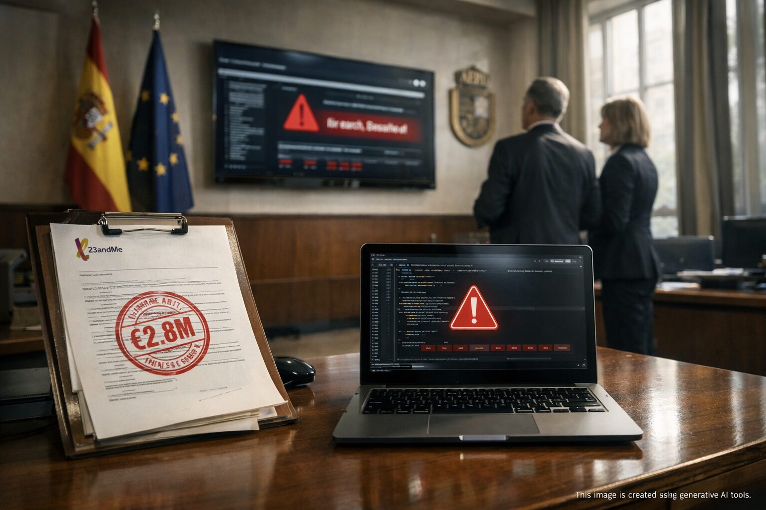 AEPD lobby: 'Multa €2.8M' penalty with 23andMe fined, laptop breach alert, officials by 'Breach Detected' screen