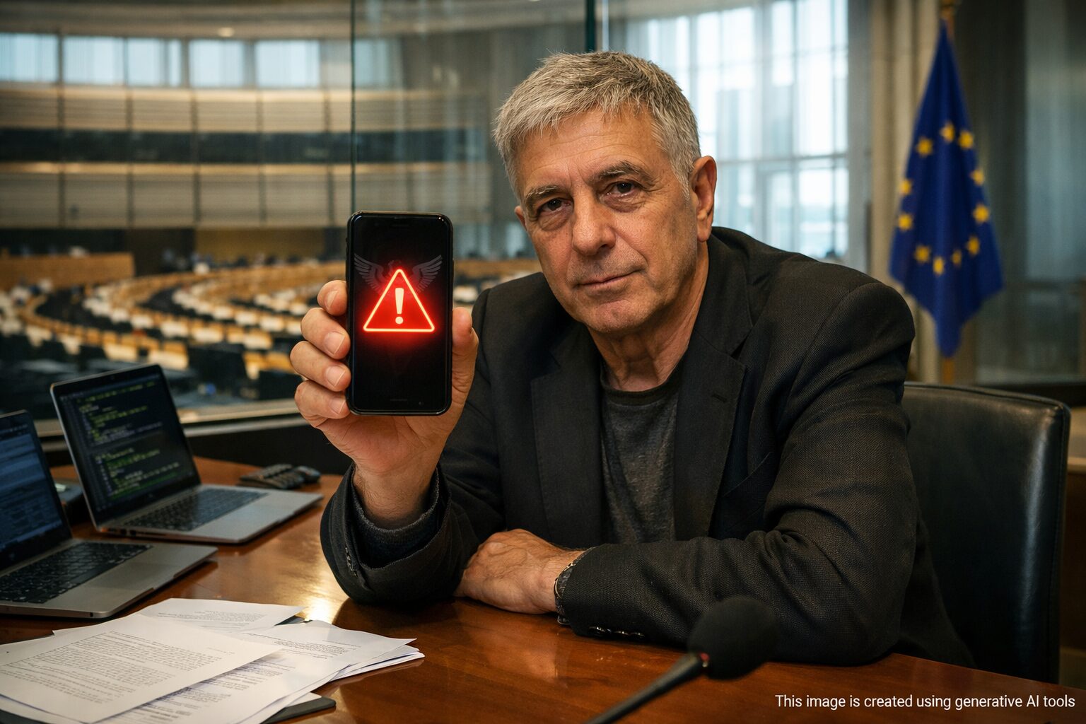 Ex-MEP Kouloglou holds phone with red warning triangle and Pegasus wing; laptops with code, EP hemicycle visible.