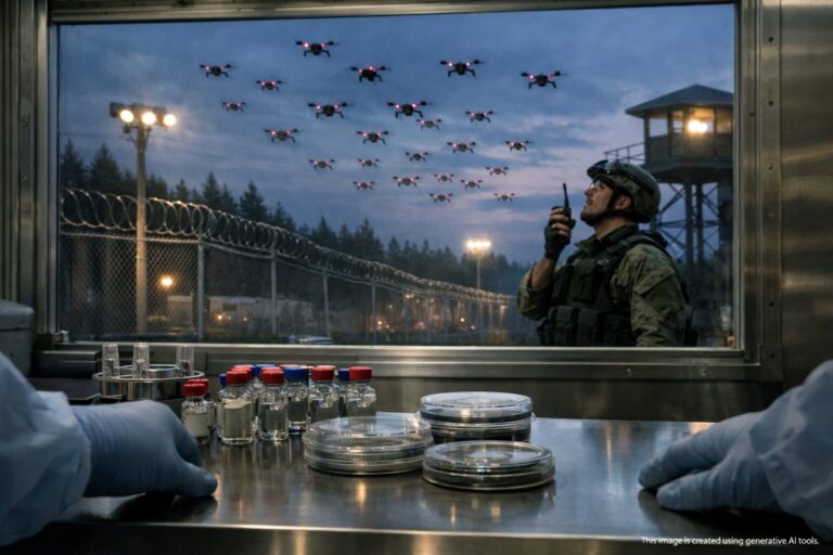 Anthropic Leak Fuels: guard watches drones swarm outside US biolab; table of vials marked "TOP SECRET BIORESEARCH".