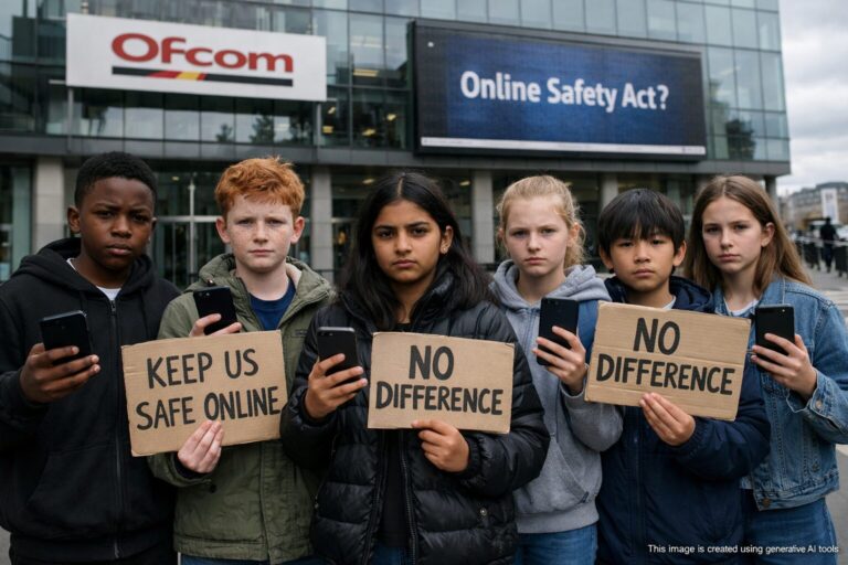 Children outside Ofcom hold smartphones and signs 'No Difference' and 'Keep Us Safe Online'; billboard 'Online Safety Act?'