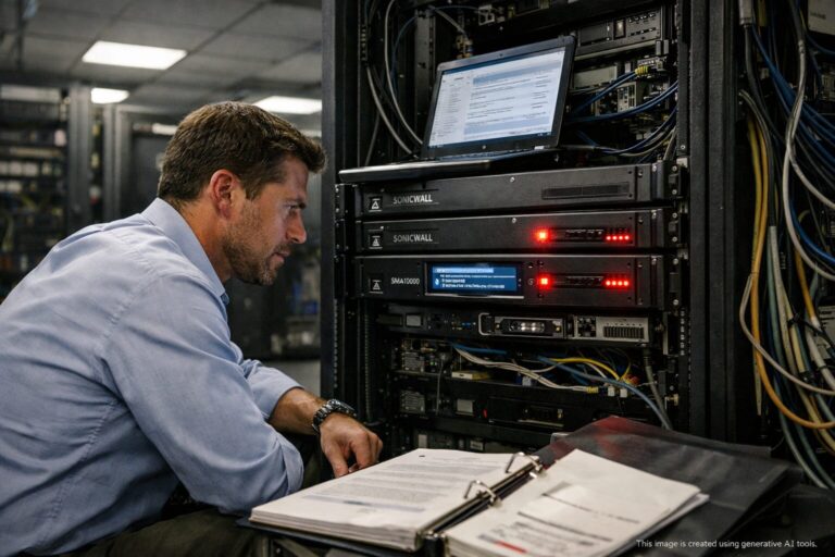Analyst at SonicWall SMA1000 rack; red LEDs, console: CVE-2026-83549/83548; laptop PDF and binder stamped 'CISA Orders Fix'