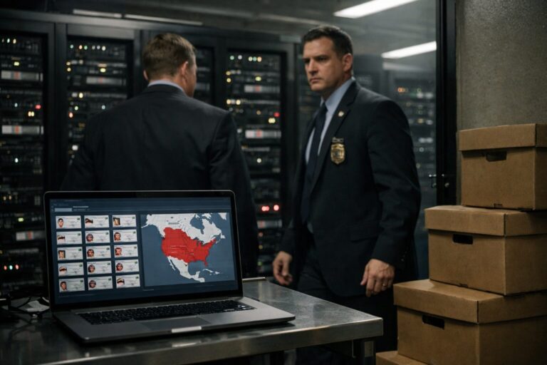 FBI agents in idscan.net server room; laptop displays "Nexus Sells 153M" licenses map; boxes stamped Data Exfiltration Case.
