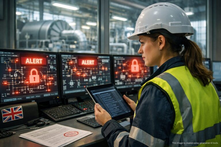 UK power plant control room: female engineer at SCADA console with red 'ALERT' screens, lock icons, tablet logs; NCSC warns.